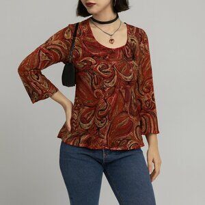 Chicos Shirt Y2K Womens 3/ XL Red Paisley Sheer Mesh Bell Sleeve Boho Top Fairy